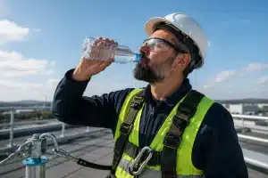 Technicien sur toiture pendant fortes chaleurs