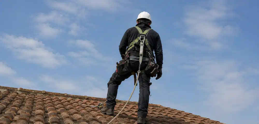 Travailleur isolé sur toiture, sécurisé en hauteur